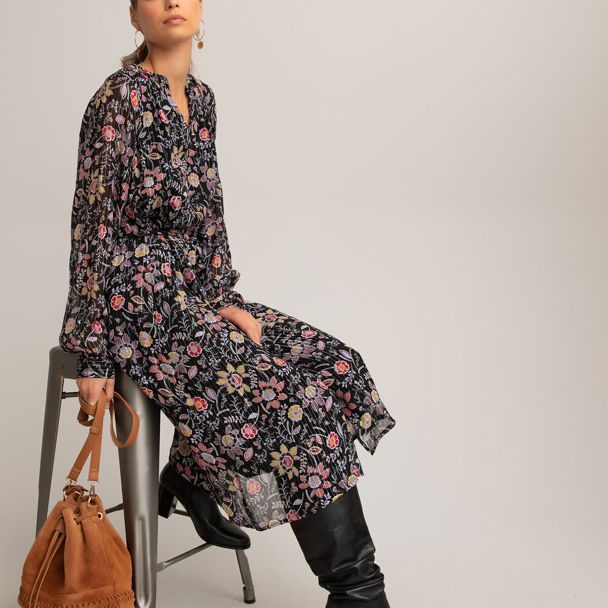 Floral midi shirt dress with tiers ...